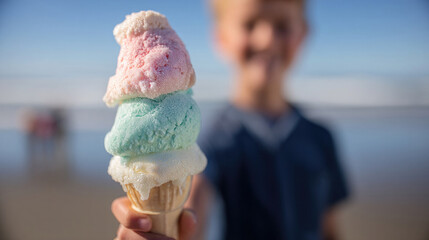 A child joyfully holds a colorful ice cream cone featuring three scoops: pink, mint green, and vanilla, while enjoying a sunny day at the beach with ocean waves in the background