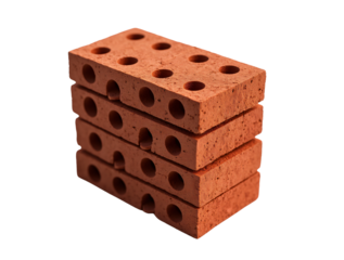 a vertical stack of four identical, reddish-brown perforated clay bricks set against a clean white background.