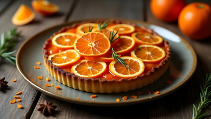 "A golden-baked orange tart topped with thin slices of blood orange and candied orange peel, served on a vintage ceramic plate placed over an aged wooden table,