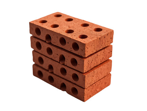  a vertical stack of four identical, reddish-brown perforated clay bricks set against a clean white background.