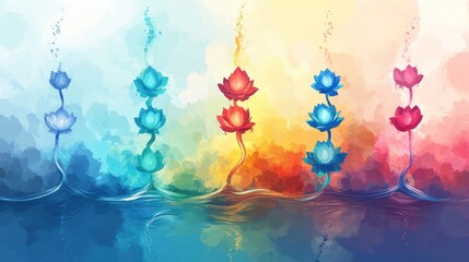 Colorful lotus flowers in a water-filled rainbow landscape