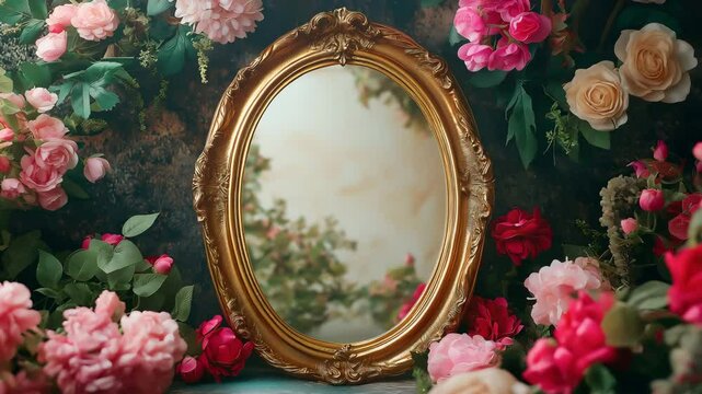 A circle frame gold antique on the table surrounded by flowers	