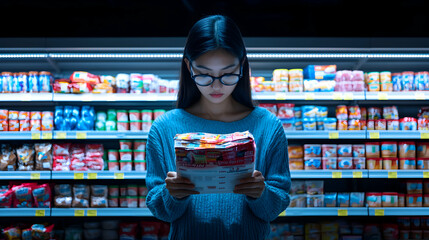 Young Woman Examining Food Package in Well Lit Grocery Store Aisles at Night