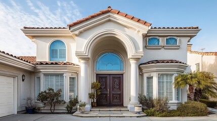 Fototapeta premium Elegant House Entrance with Architectural Details, Soft Blue Sky Background, Natural Daylight, Professional Real Estate Photography Style