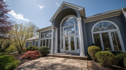 Elegant House Entrance with Architectural Details, Soft Blue Sky Background, Natural Daylight, Professional Real Estate Photography Style