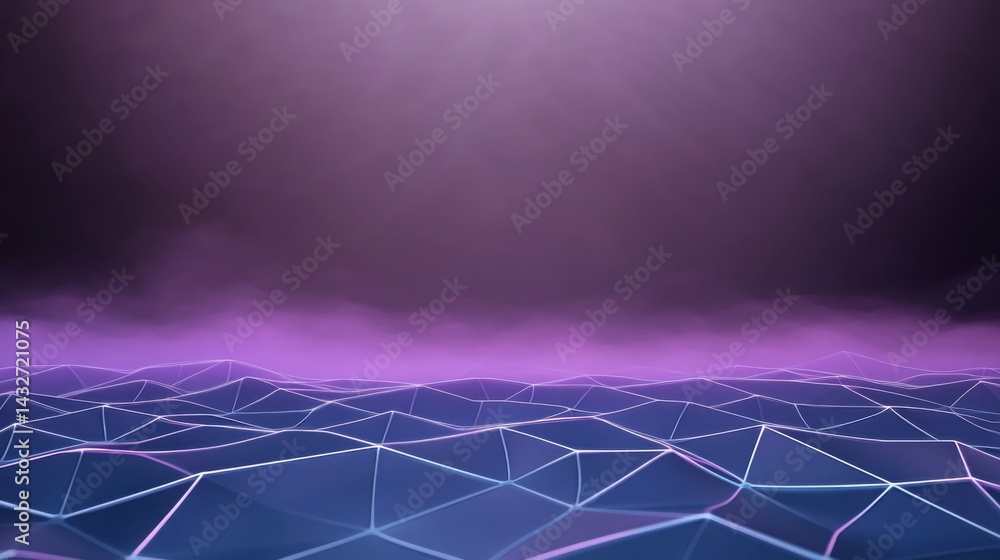 Poster digital mesh background in dark purple with glowing grid lines and soft fog