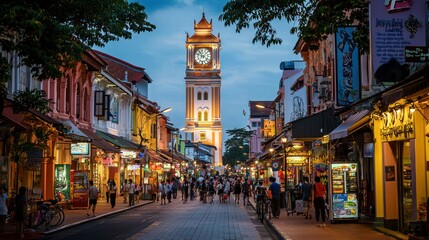 The Malacca Clock Tower with a backdrop of bustling street life