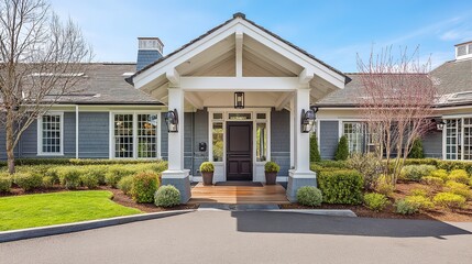 Fototapeta premium Elegant House Entrance with Architectural Details, Soft Blue Sky Background, Natural Daylight, Professional Real Estate Photography Style