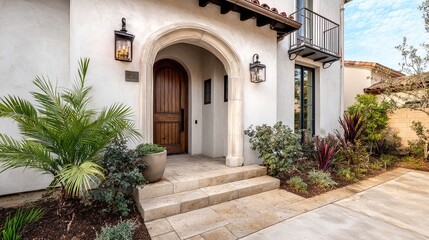 Naklejka premium Elegant House Entrance with Architectural Details, Soft Blue Sky Background, Natural Daylight, Professional Real Estate Photography Style