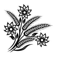 Wheat Stalks & Floral Bouquet Black & White Abstract Ornament, Isolated on White