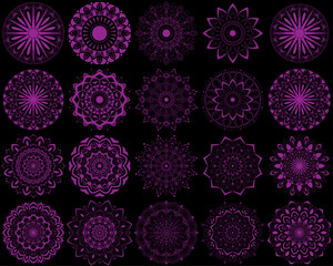 Mandala set with creative shape for greeting, card, brand, business, Halfon, packaging, wish, gift card, template, decoration | Abstract floral icon set with violet colour 20 shape
