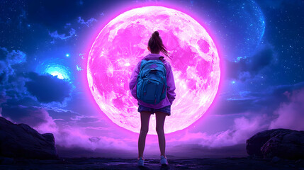 Woman with Backpack Facing Giant Pink Moon at Night