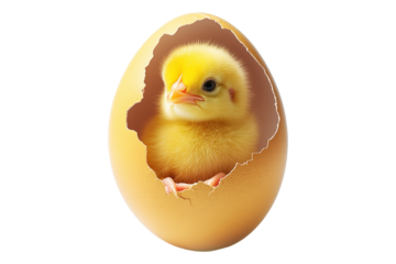 Adorable cute yellow chick emerging from cracked brown eggshell isolated on white transparent background. Symbolizing Easter, spring, and new beginnings