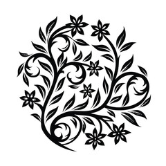 Swirling Floral Intricate Black Branches, Leaves and Flower Design
