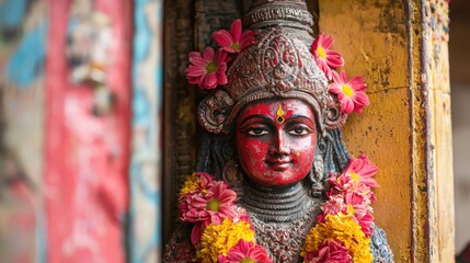 Fototapeta premium Traditional Indian village deity statue covered in red sindoor