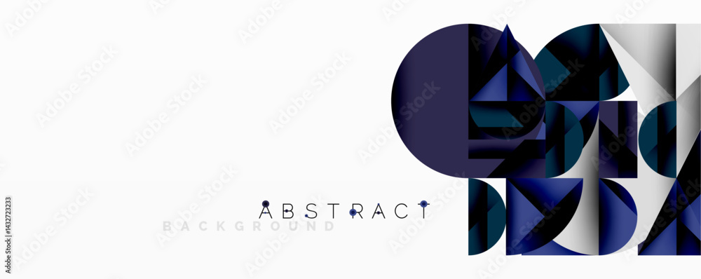 Poster geometric shapes overlap, creating modern abstract design. dark blues, grays dominate composition. m