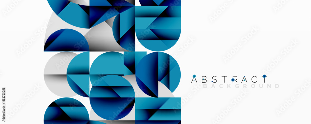 Poster geometric shapes create modern design. blue, white gradients offer clean aesthetic. minimalist compo