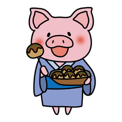 浴衣を着てたこ焼きを食べるぶた