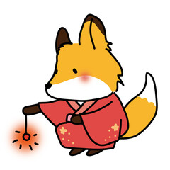 赤い浴衣を着て線香花火をするキツネ
