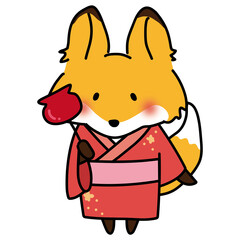 りんご飴を持っている浴衣を着たキツネ