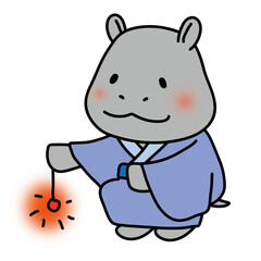 青い浴衣を着て線香花火をするカバ