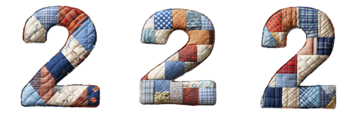 A set of the number 2 designed with cozy quilted fabric, isolated on a transparent background