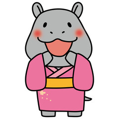 ピンクの浴衣を着て空を見上げるカバ