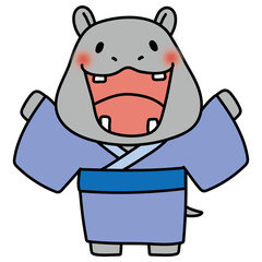 青い浴衣を着て空を見上げるカバ