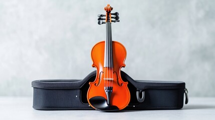 Naklejka premium A classic violin rests in its black case against a neutral backdrop.