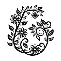 Elegant Floral Design, Black and White, Blooming Flowers and Leafy Branches, Nature Art