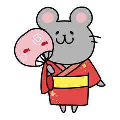 赤い浴衣を着てうちわを持っているネズミ