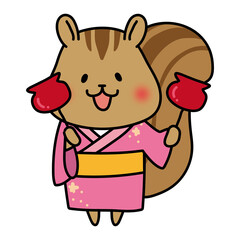 りんご飴を持っている浴衣を着たリス