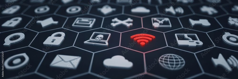 Poster wireless network vulnerability highlighted amidst digital icons.