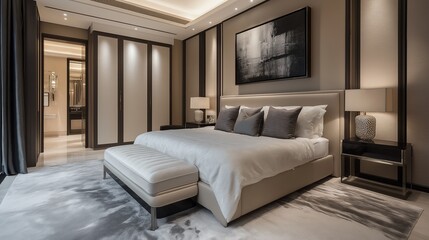 A modern and minimalist bedroom.	
