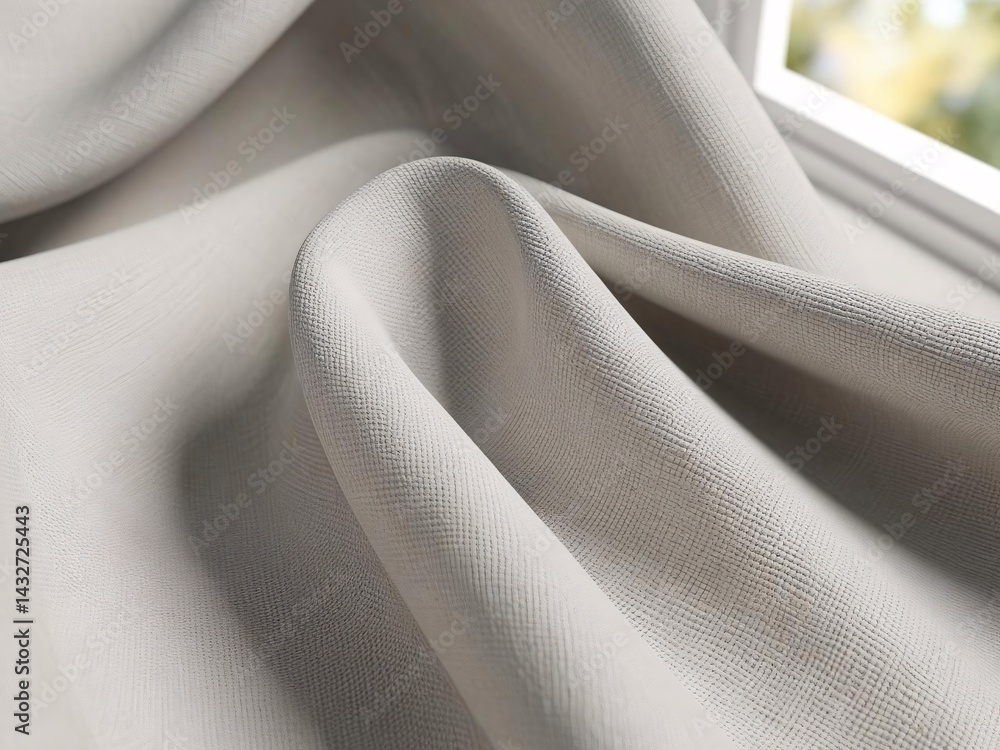 Poster close-up of textured light gray curtain fabric with window view.