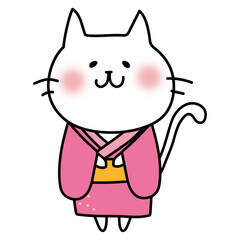 ピンクの浴衣を着ている白い猫