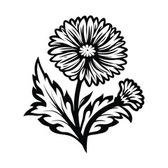 Monochrome Floral Stylized Flower with Leaves and Bud on White Background