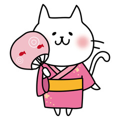 ピンクの浴衣を着てうちわを持っている白い猫