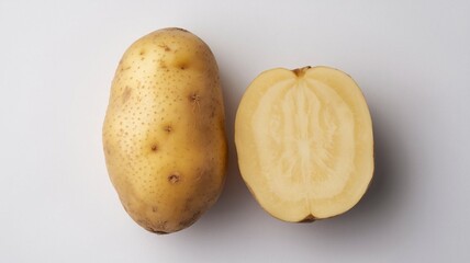 A high-quality image of fresh yellow potatoes, including a whole potato and a sliced potato showing the smooth, light-yellow interior, displayed on a clean white background.