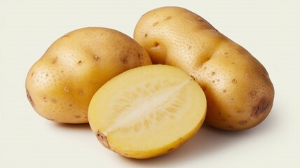 A high-quality image of fresh yellow potatoes, including a whole potato and a sliced potato showing the smooth, light-yellow interior, displayed on a clean white background.