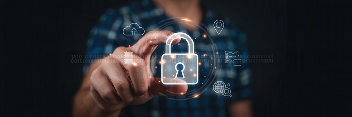 Person's finger interacting with digital lock icon.