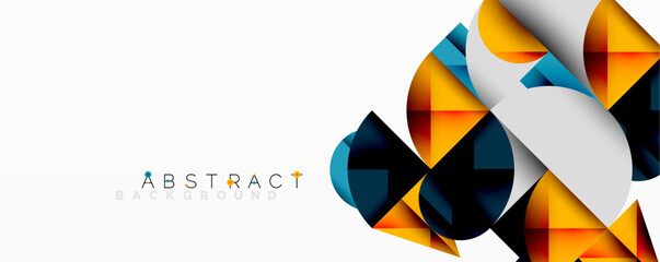 Modern abstract design. Geometric shapes overlap, creating dynamic visual effect. Orange, blue, white dominate composition.