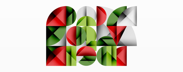 Abstract geometric composition. Red, green, white shapes overlap creating complex pattern. Modern design, vibrant colors, flat aesthetic.