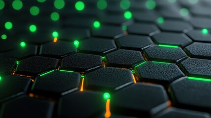 Obraz premium Dark hexagons with glowing green and orange lights. Perfect for technology, data, and futuristic themes.