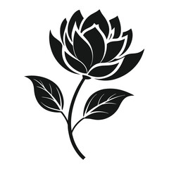 Decorative Lotus Flower Silhouette on Stem with Leaves, Elegant Blossom Icon Design
