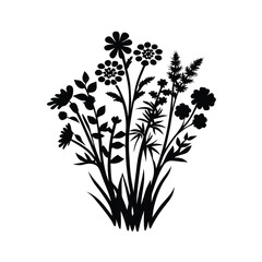 Silhouette Floral Arrangement Assorted Wildflowers, Leaves, and Stems on White Ground