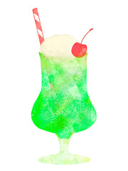 透明感のある水彩手描きのクリームソーダのイラスト 　メロン　melon soda