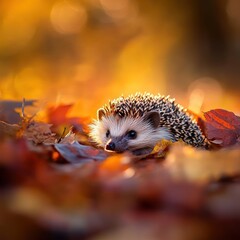 Fototapeta premium Adorable hedgehog in autumn leaves