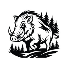 Monochrome of a Wild Boar Walking Through a Forest with Pine Trees
