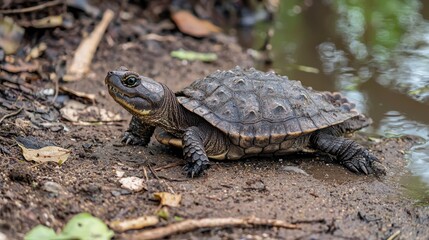 Obraz premium A baby alligator snapping turtle resting on a riverbank